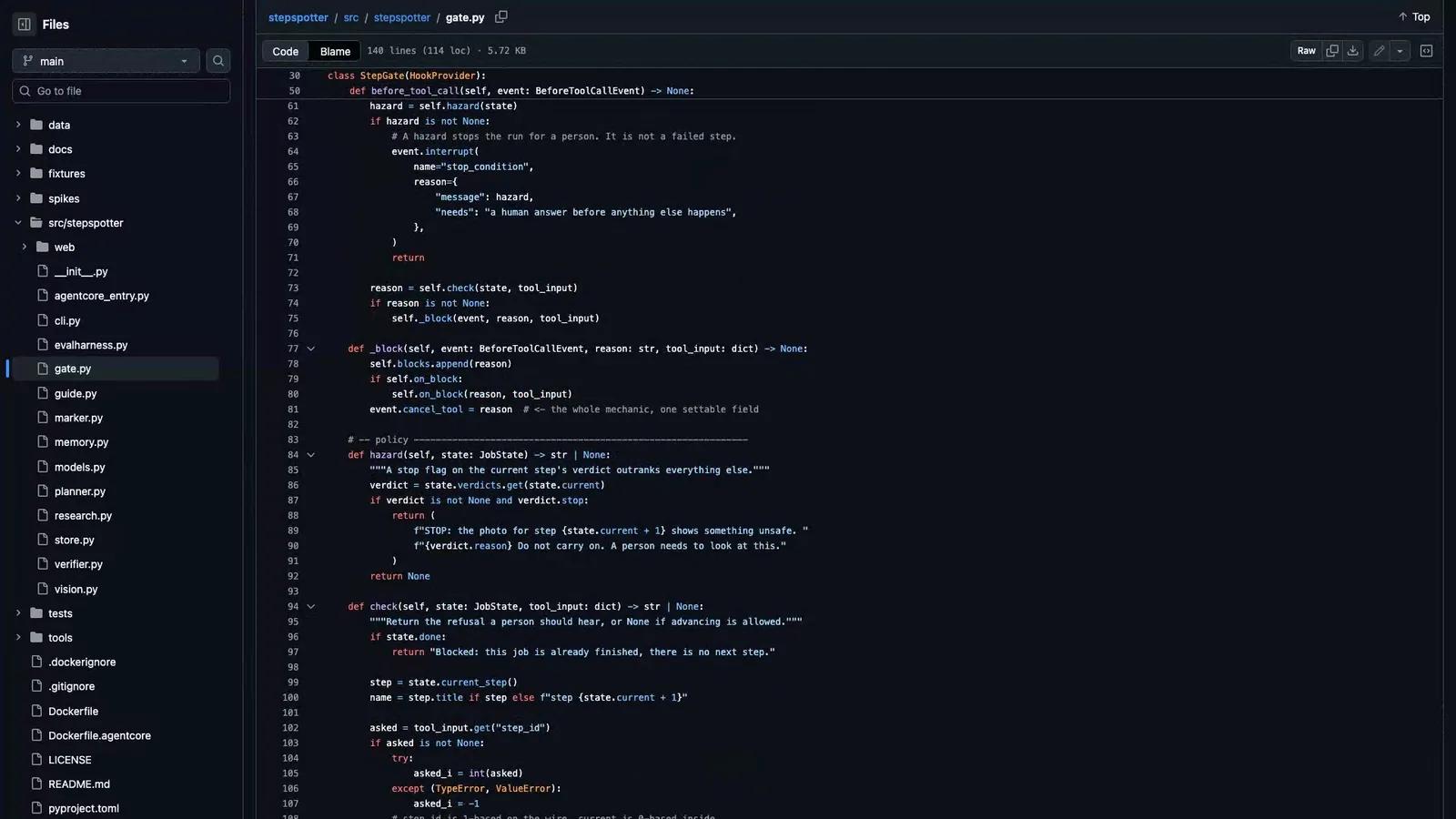gate.py in the public StepSpotter repo: the StepGate hook provider's before_tool_call method, which interrupts the run on a hazard and otherwise sets event.cancel_tool to the refusal reason when no photo has passed.